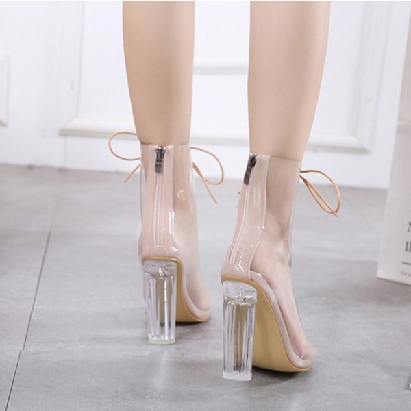 Size:4.5-10 Women Fashion Clear Upper Lace-Up Heels Mid-Calf Boots