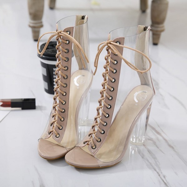 Size:4.5-10 Women Fashion Clear Upper Lace-Up Heels Mid-Calf Boots