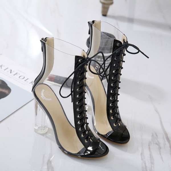 Size:4.5-10 Women Fashion Clear Upper Lace-Up Heels Mid-Calf Boots