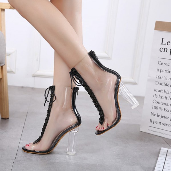 Size:4.5-10 Women Fashion Clear Upper Lace-Up Heels Mid-Calf Boots