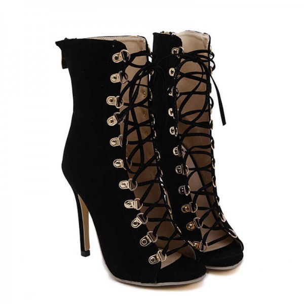 Size:4.5-8.5 Women Fashion Cut Out Lace-Up Mid-Calf Boots