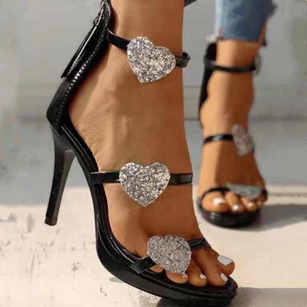 Size:4.5-8.5 Women Shiny Rhinestone Heart Decor Heeled Sandals