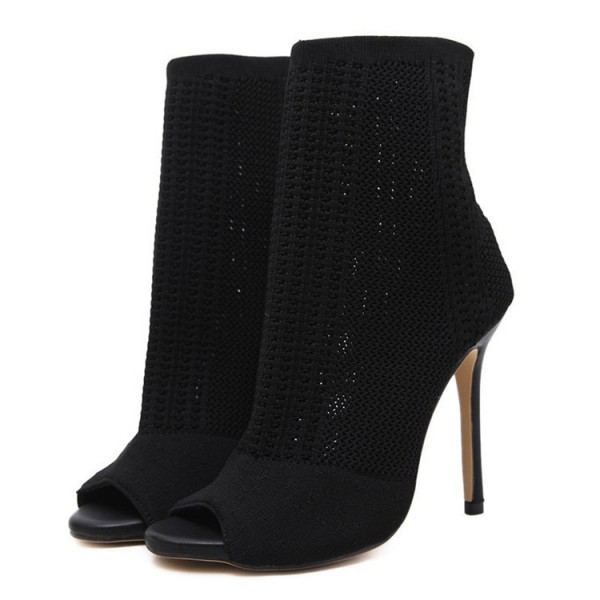 Size:4.5-9 Women Simple Solid Color Peep-Toe Knitting Hollow Out Heels Mid-Calf Boots