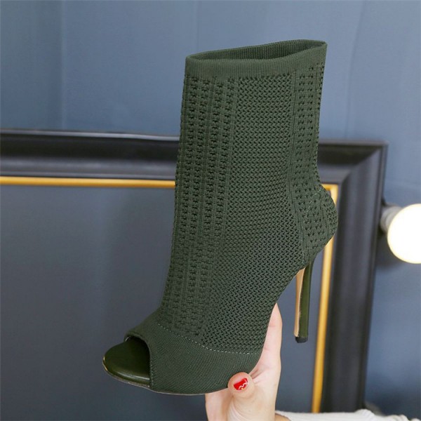 Size:4.5-9 Women Simple Solid Color Peep-Toe Knitting Hollow Out Heels Mid-Calf Boots