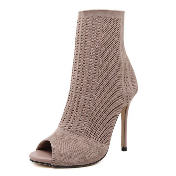 Size:4.5-9 Women Simple Solid Color Peep-Toe Knitting Hollow Out Heels Mid-Calf Boots