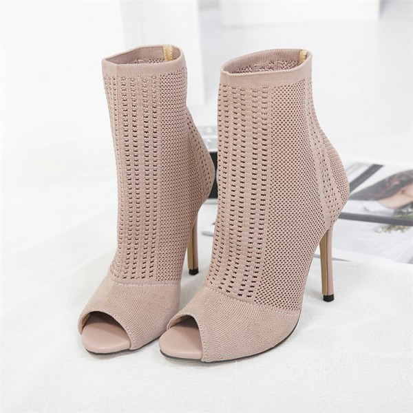 Size:4.5-9 Women Simple Solid Color Peep-Toe Knitting Hollow Out Heels Mid-Calf Boots