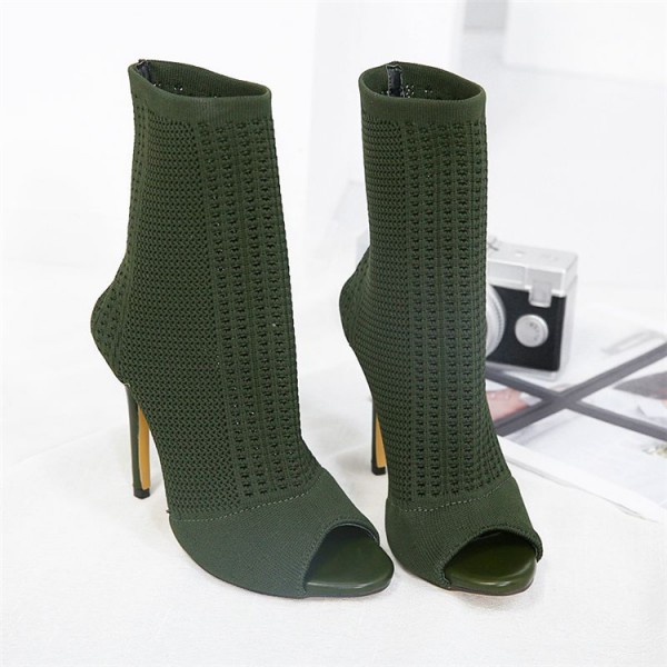 Size:4.5-9 Women Simple Solid Color Peep-Toe Knitting Hollow Out Heels Mid-Calf Boots