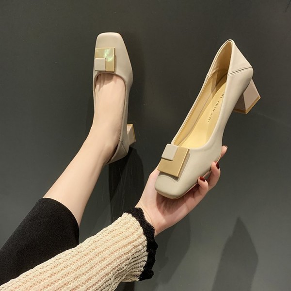 Women Elegant Basic Spring Square Toe Solid Color PU Upper Creative Metal Shoe Buckle Work Shoes Pumps