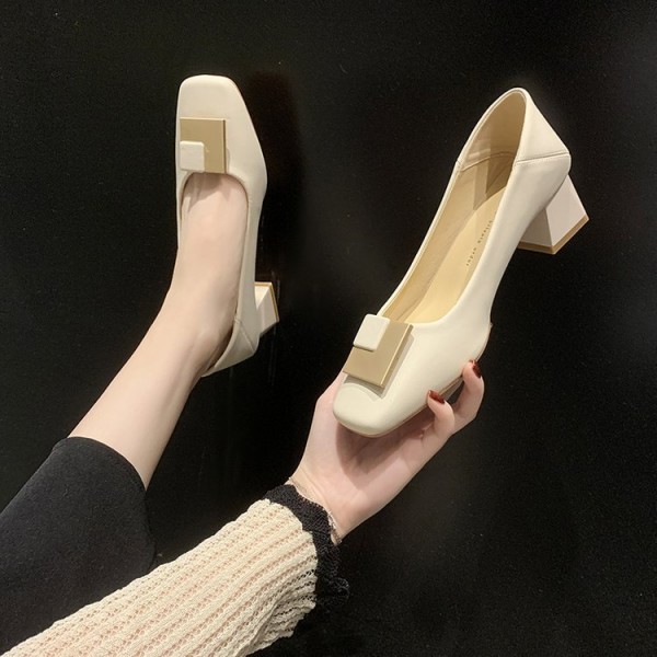 Women Elegant Basic Spring Square Toe Solid Color PU Upper Creative Metal Shoe Buckle Work Shoes Pumps