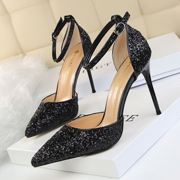 Size 4.5-8.5 Women Sexy Night-club Sequins Decor Buckle Strap Pointed-toe Stiletto Sandals Shoes