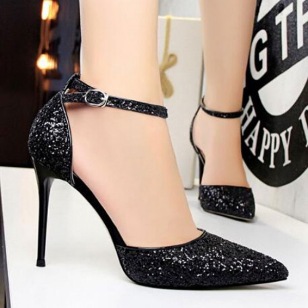 Size 4.5-8.5 Women Sexy Night-club Sequins Decor Buckle Strap Pointed-toe Stiletto Sandals Shoes