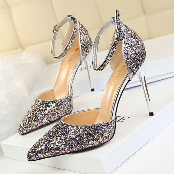 Size 4.5-8.5 Women Sexy Night-club Sequins Decor Buckle Strap Pointed-toe Stiletto Sandals Shoes