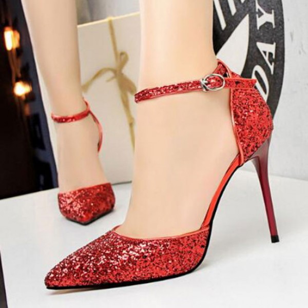 Size 4.5-8.5 Women Sexy Night-club Sequins Decor Buckle Strap Pointed-toe Stiletto Sandals Shoes