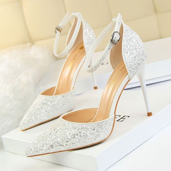 Size 4.5-8.5 Women Sexy Night-club Sequins Decor Buckle Strap Pointed-toe Stiletto Sandals Shoes