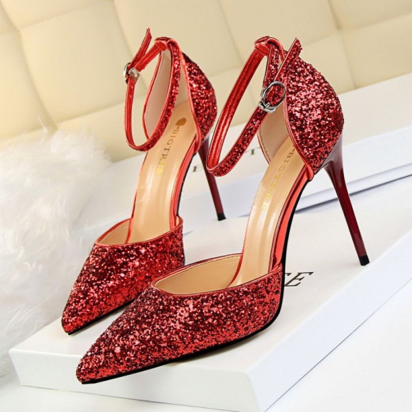 Size 4.5-8.5 Women Sexy Night-club Sequins Decor Buckle Strap Pointed-toe Stiletto Sandals Shoes