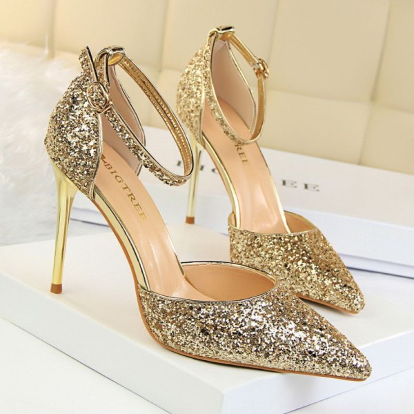 Size 4.5-8.5 Women Sexy Night-club Sequins Decor Buckle Strap Pointed-toe Stiletto Sandals Shoes