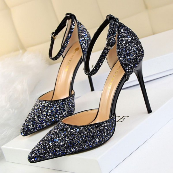 Size 4.5-8.5 Women Sexy Night-club Sequins Decor Buckle Strap Pointed-toe Stiletto Sandals Shoes