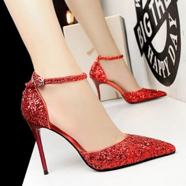 Size 4.5-8.5 Women Sexy Night-club Sequins Decor Buckle Strap Pointed-toe Stiletto Sandals Shoes