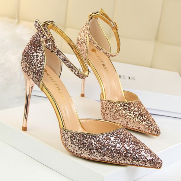 Size 4.5-8.5 Women Sexy Night-club Sequins Decor Buckle Strap Pointed-toe Stiletto Sandals Shoes