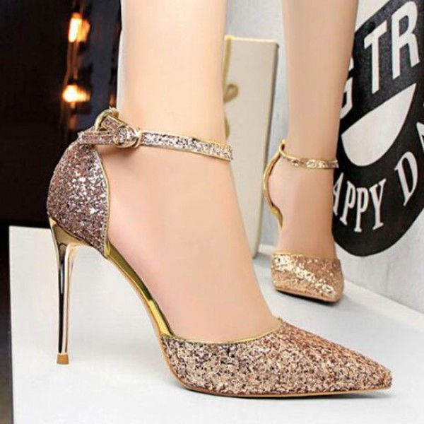 Size 4.5-8.5 Women Sexy Night-club Sequins Decor Buckle Strap Pointed-toe Stiletto Sandals Shoes