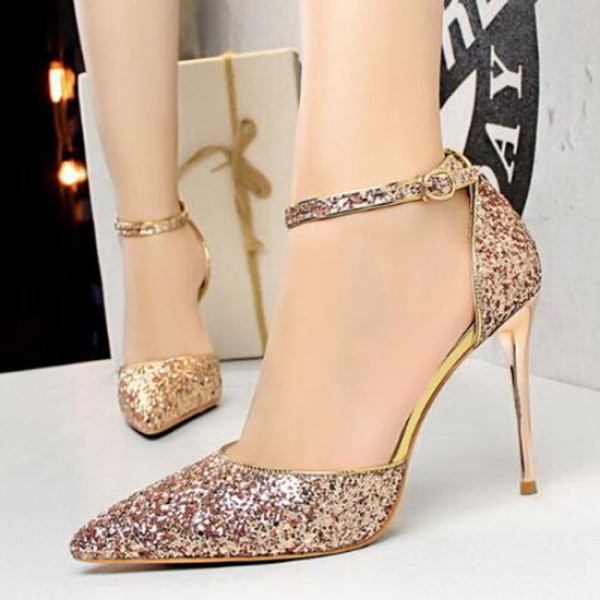 Size 4.5-8.5 Women Sexy Night-club Sequins Decor Buckle Strap Pointed-toe Stiletto Sandals Shoes