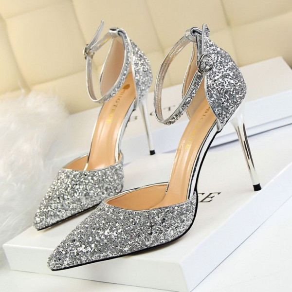 Size 4.5-8.5 Women Sexy Night-club Sequins Decor Buckle Strap Pointed-toe Stiletto Sandals Shoes