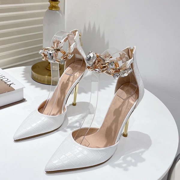 Women Sexy Fashion Rhinestone Decorative Pointed Toe Solid Color Stiletto Shoes