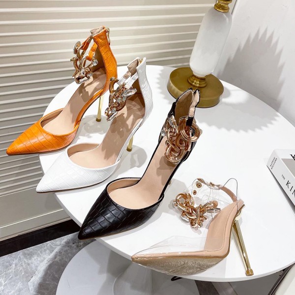 Women Sexy Fashion Rhinestone Decorative Pointed Toe Solid Color Stiletto Shoes