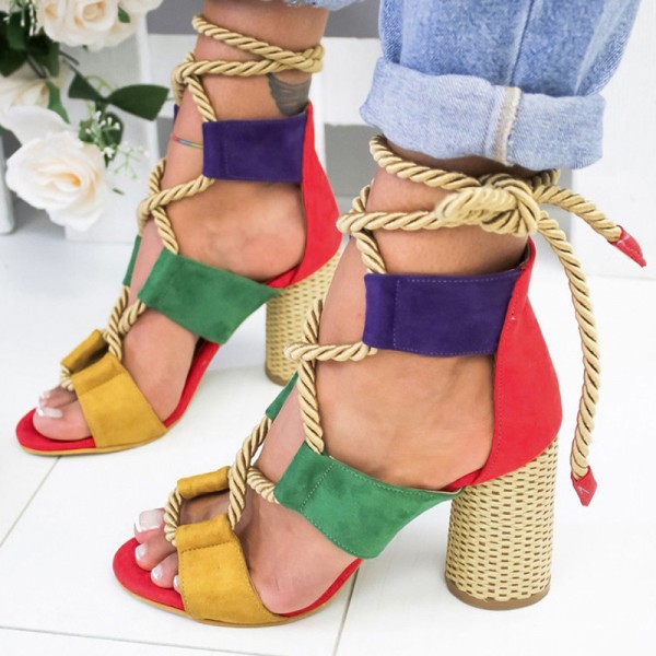 Women Fashion Sexy Cross Hollow Lace Up Design Color Blocking High Heel Sandals Shoes