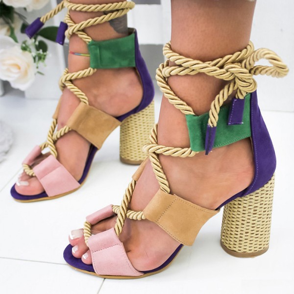 Women Fashion Sexy Cross Hollow Lace Up Design Color Blocking High Heel Sandals Shoes