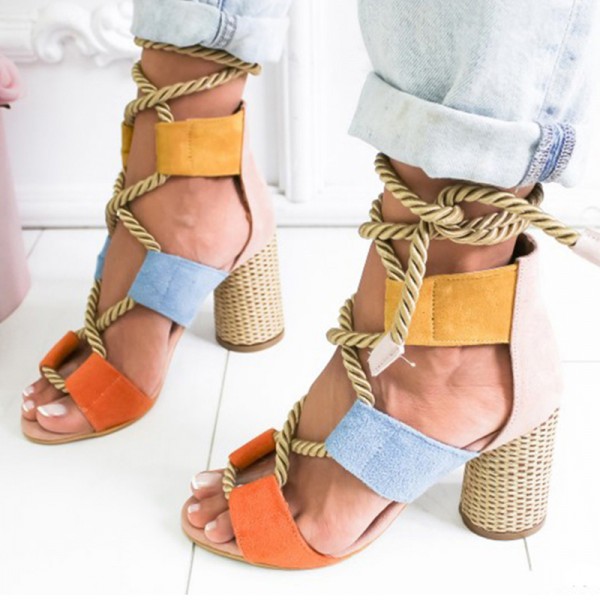 Women Fashion Sexy Cross Hollow Lace Up Design Color Blocking High Heel Sandals Shoes