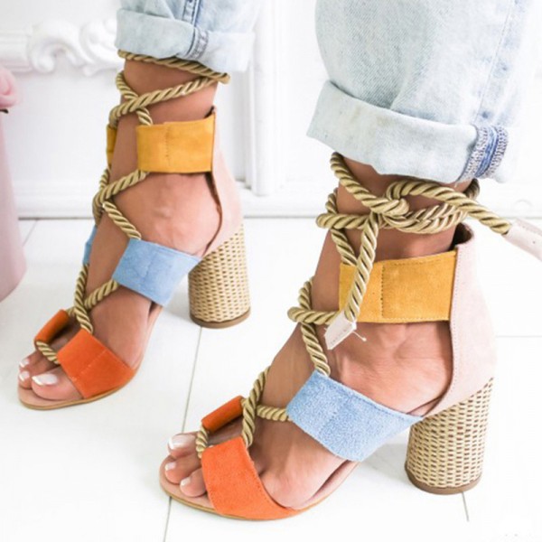 Women Fashion Sexy Cross Hollow Lace Up Design Color Blocking High Heel Sandals Shoes