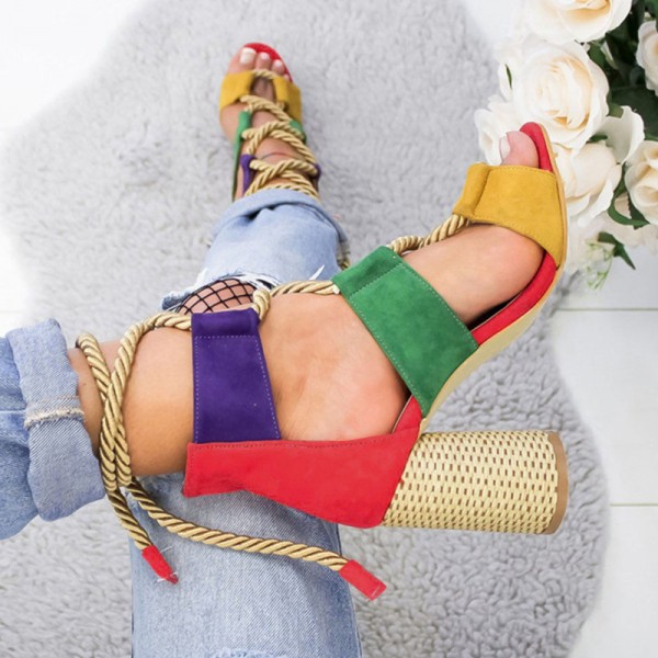 Women Fashion Sexy Cross Hollow Lace Up Design Color Blocking High Heel Sandals Shoes