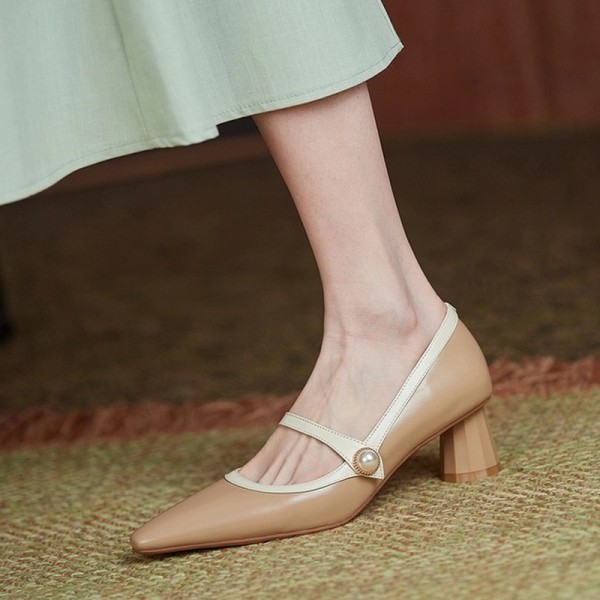 Women Vintage Pearl Buckle Design Pointed Toe Cylinder Heel Mules