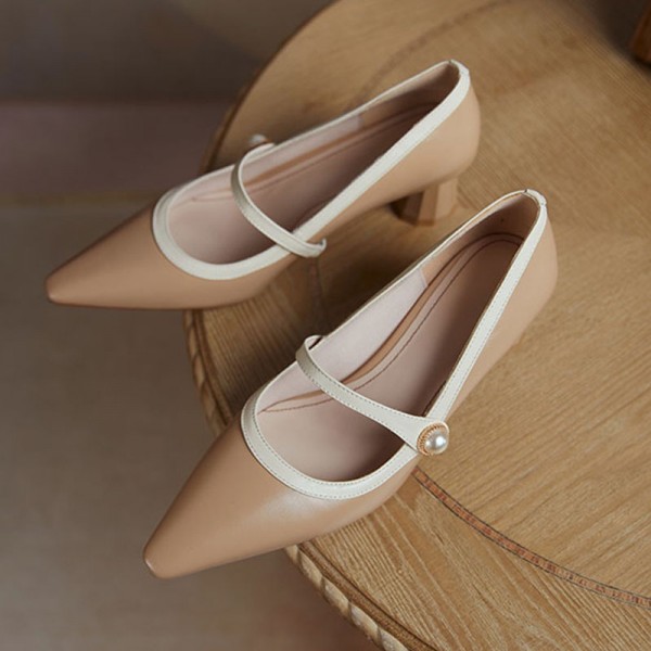 Women Vintage Pearl Buckle Design Pointed Toe Cylinder Heel Mules