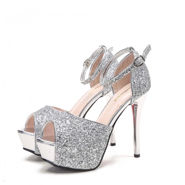 Women Fashion Sequin Embellished Buckle Design Platform Stiletto Sandals