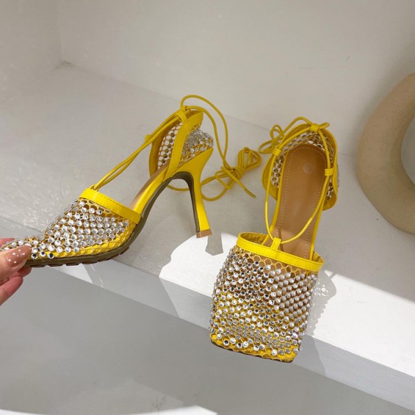 Cross Strap Stiletto Heel Women Sexy Rhinestone Wrapped Mesh Sandals