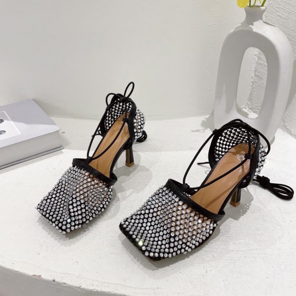 Cross Strap Stiletto Heel Women Sexy Rhinestone Wrapped Mesh Sandals