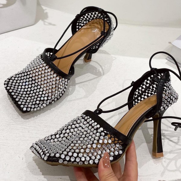 Cross Strap Stiletto Heel Women Sexy Rhinestone Wrapped Mesh Sandals