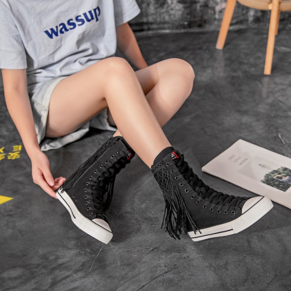 Casual Front Lace-Up Side Zip Fringed Canvas Short Boots