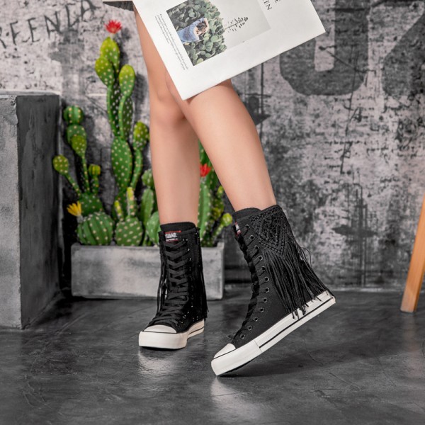 Casual Front Lace-Up Side Zip Fringed Canvas Short Boots