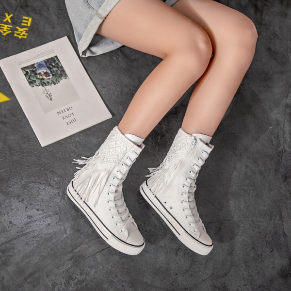 Casual Front Lace-Up Side Zip Fringed Canvas Short Boots