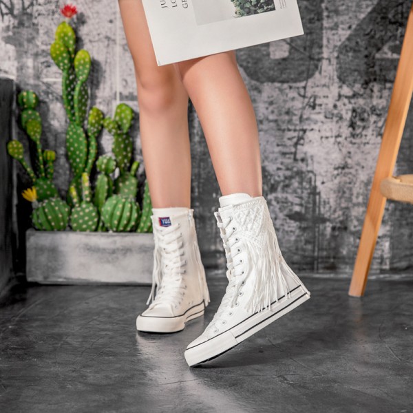 Casual Front Lace-Up Side Zip Fringed Canvas Short Boots