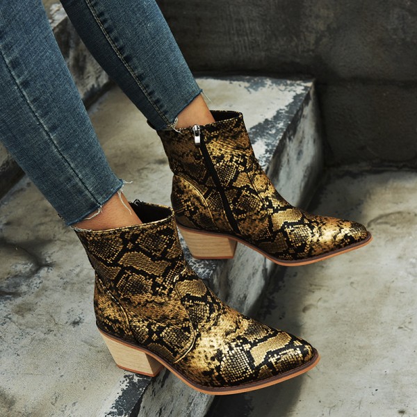 Women Sexy Pointed Toe Snake Print Chunky Heel Plus Size Low Leather Short Boots