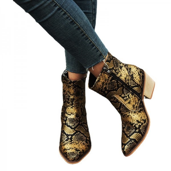 Women Sexy Pointed Toe Snake Print Chunky Heel Plus Size Low Leather Short Boots