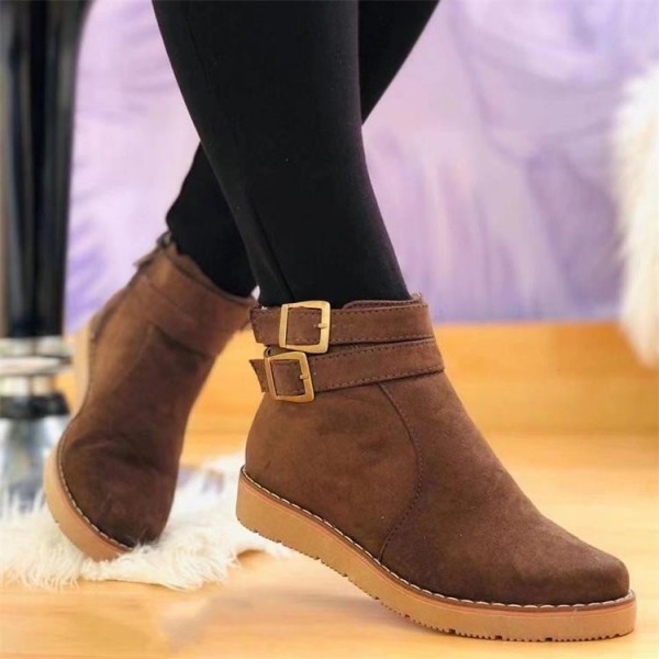 Women Fashion Round Toe Platform Suede Buckle Side Zip Short Boots