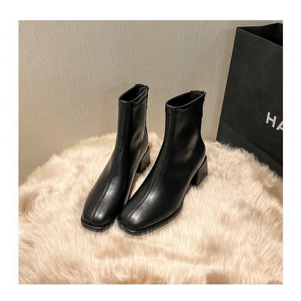 Women Fashion Square Toe Solid Color Zipper Chunky Heel Short Chelsea Boots