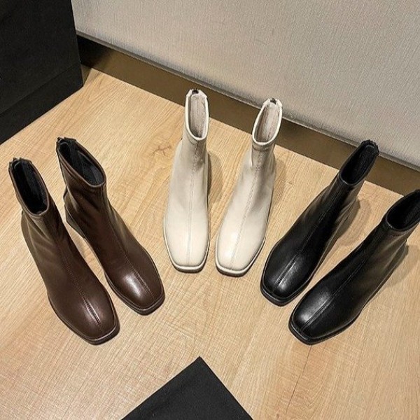 Women Fashion Square Toe Solid Color Zipper Chunky Heel Short Chelsea Boots