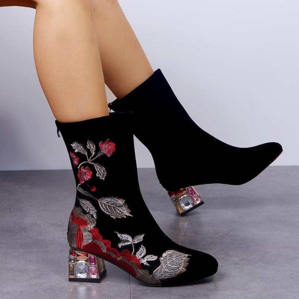 Plus Size Women Fashion Pointed Toe Embroidered Wide Heel Mid-Calf Boots