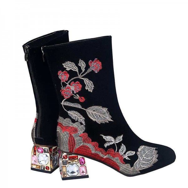 Plus Size Women Fashion Pointed Toe Embroidered Wide Heel Mid-Calf Boots